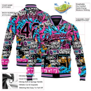 Custom Graffiti Pattern Black Pink Grunge Urban Street Art 3D Bomber Full Snap Baseball Jacket Custom Team Jacket 2 h5topi.jpg