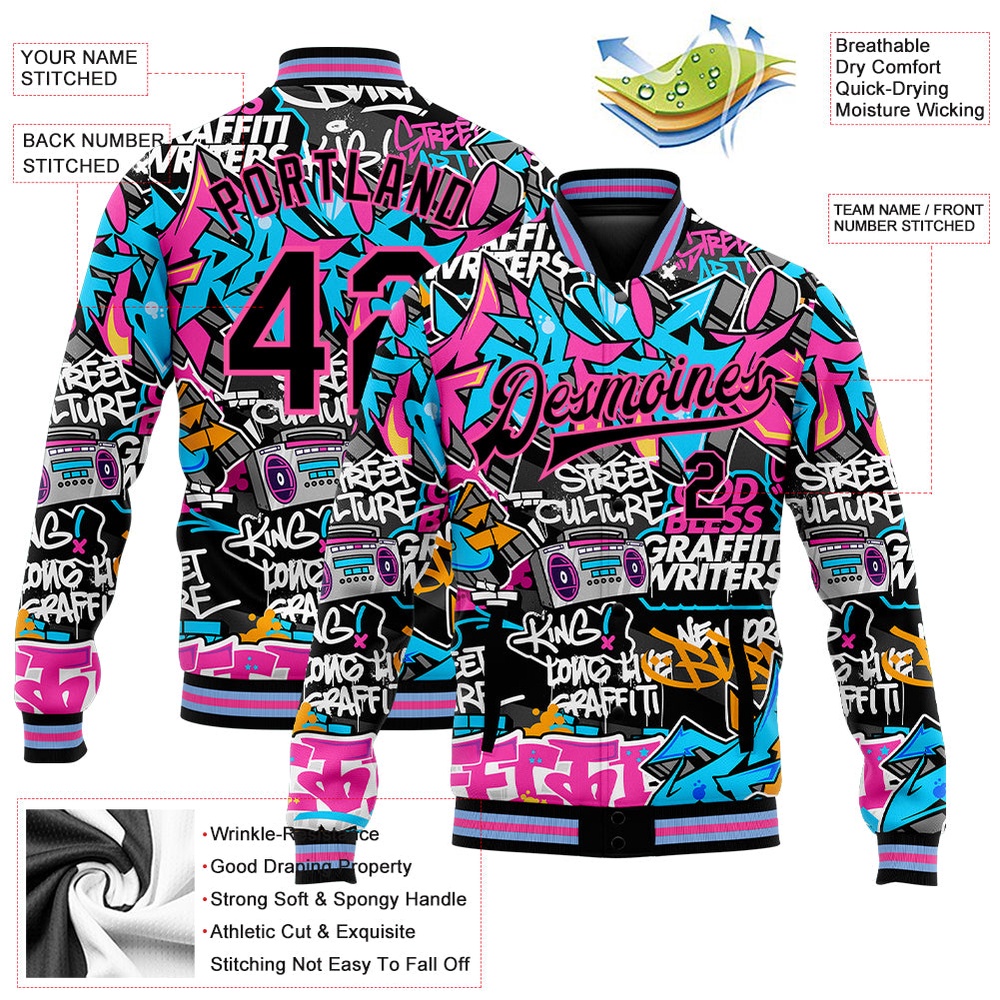 Custom Graffiti Pattern Black Pink Grunge Urban Street Art 3D Bomber Full Snap Baseball Jacket, Custom Team Jacket Custom Graffiti Pattern Black Pink Grunge Urban Street Art 3D Bomber Full Snap Baseball Jacket, Custom Team Jacket