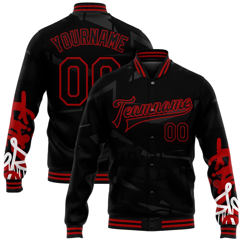 Custom Graffiti Pattern Black Red Dark Abstract Urban Street Art 3D Bomber Full Snap Baseball Jacket, Custom Team Jacket Custom Graffiti Pattern Black Red Dark Abstract Urban Street Art 3D Bomber Full Snap Baseball Jacket, Custom Team Jacket