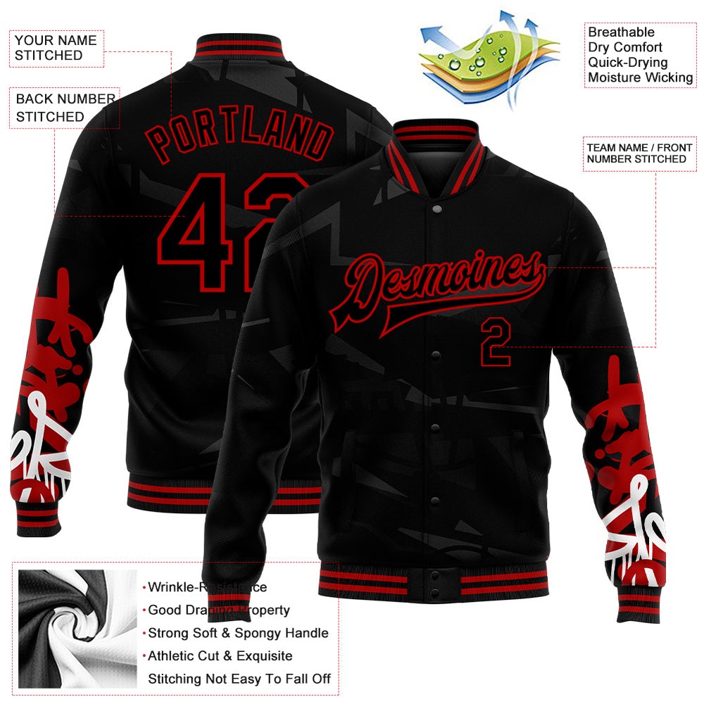 Custom Graffiti Pattern Black Red Dark Abstract Urban Street Art 3D Bomber Full Snap Baseball Jacket, Custom Team Jacket Custom Graffiti Pattern Black Red Dark Abstract Urban Street Art 3D Bomber Full Snap Baseball Jacket, Custom Team Jacket
