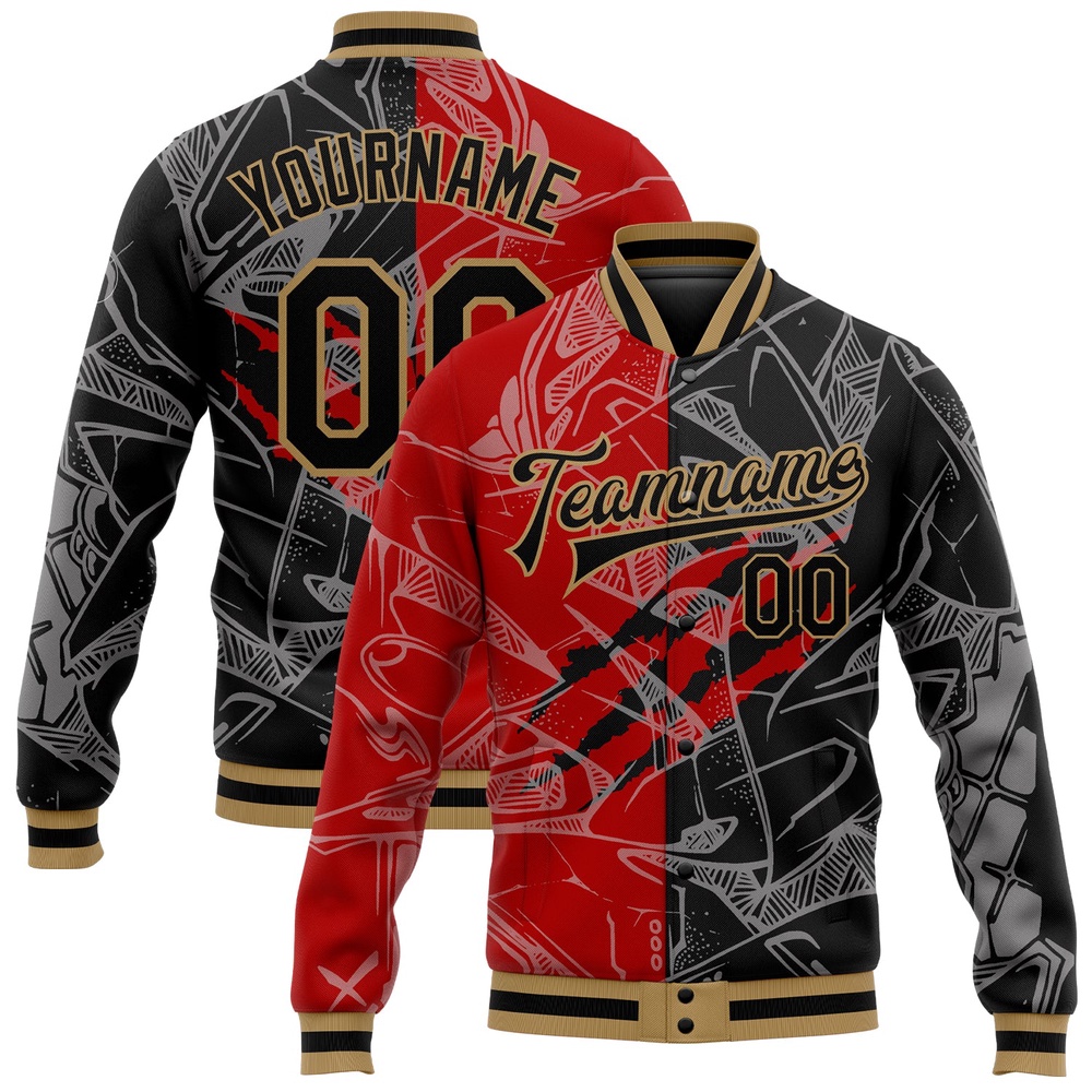 Custom Graffiti Pattern Black Red Old Gold 3D Bomber Full Snap Baseball Jacket, Custom Team Jacket