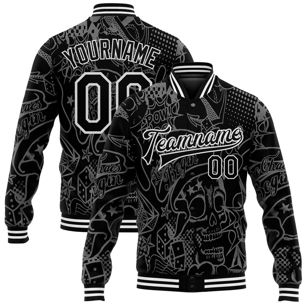 Custom Graffiti Pattern Black White Skull Fashion 3D Bomber Full Snap Baseball Jacket, Custom Team Jacket Custom Graffiti Pattern Black White Skull Fashion 3D Bomber Full Snap Baseball Jacket, Custom Team Jacket