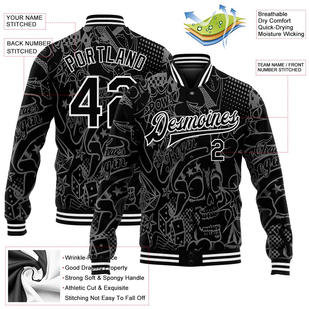 Custom Graffiti Pattern Black White Skull Fashion 3D Bomber Full Snap Baseball Jacket, Custom Team Jacket Custom Graffiti Pattern Black White Skull Fashion 3D Bomber Full Snap Baseball Jacket, Custom Team Jacket
