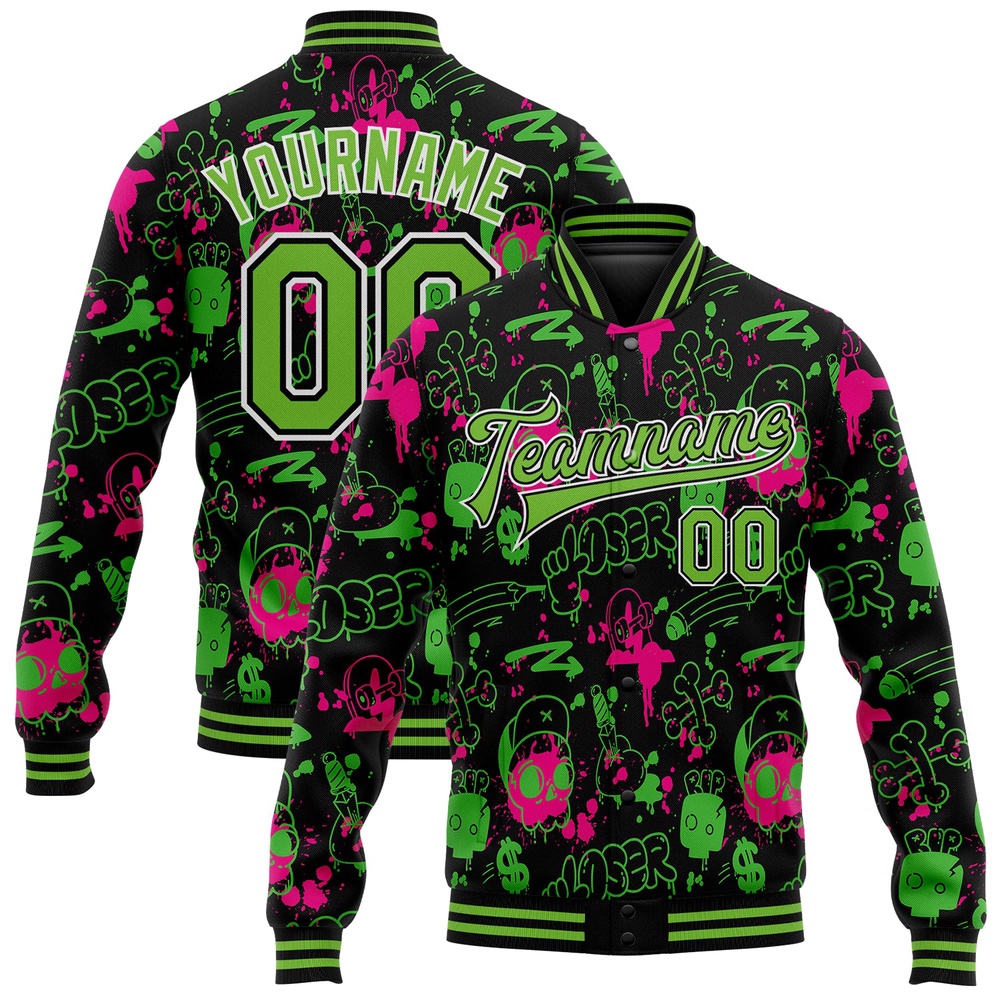 Custom Graffiti Pattern Neon Green Black Abstract Grunge Art 3D Bomber Full Snap Baseball Jacket, Custom Team Jacket Custom Graffiti Pattern Neon Green Black Abstract Grunge Art 3D Bomber Full Snap Baseball Jacket, Custom Team Jacket