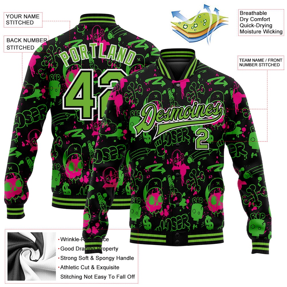 Custom Graffiti Pattern Neon Green Black Abstract Grunge Art 3D Bomber Full Snap Baseball Jacket, Custom Team Jacket Custom Graffiti Pattern Neon Green Black Abstract Grunge Art 3D Bomber Full Snap Baseball Jacket, Custom Team Jacket