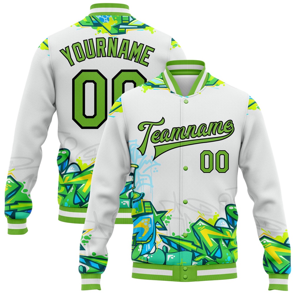 Custom Graffiti Pattern Neon Green Black Trendy Abstract Urban Street Art 3D Bomber Full Snap Baseball Jacket, Custom Team Jacket Custom Graffiti Pattern Neon Green Black Trendy Abstract Urban Street Art 3D Bomber Full Snap Baseball Jacket, Custom Team Jacket