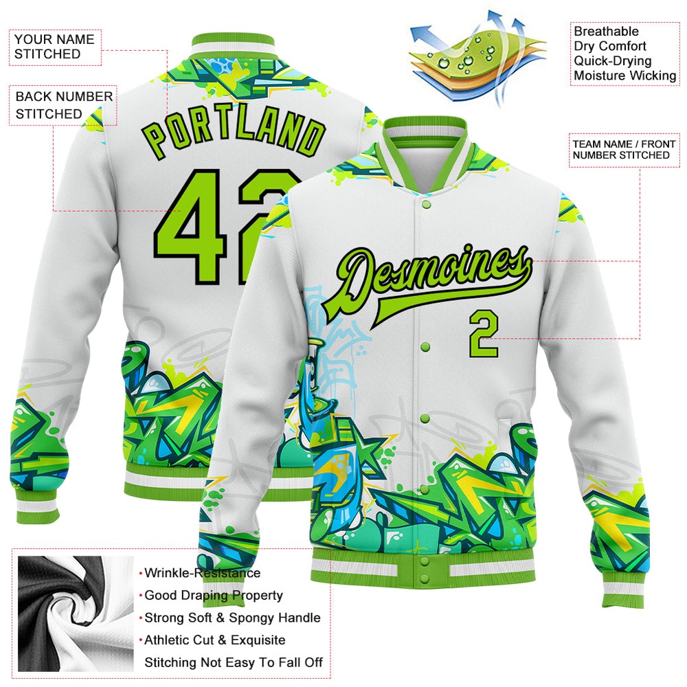 Custom Graffiti Pattern Neon Green Black Trendy Abstract Urban Street Art 3D Bomber Full Snap Baseball Jacket, Custom Team Jacket Custom Graffiti Pattern Neon Green Black Trendy Abstract Urban Street Art 3D Bomber Full Snap Baseball Jacket, Custom Team Jacket