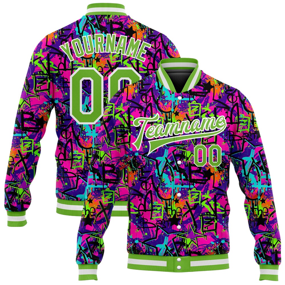 Custom Graffiti Pattern Neon Green White 3D Bomber Full Snap Baseball Jacket, Custom Team Jacket Custom Graffiti Pattern Neon Green White 3D Bomber Full Snap Baseball Jacket, Custom Team Jacket