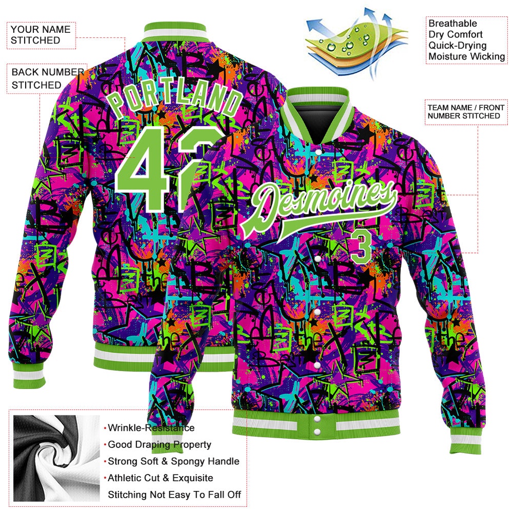 Custom Graffiti Pattern Neon Green White 3D Bomber Full Snap Baseball Jacket, Custom Team Jacket Custom Graffiti Pattern Neon Green White 3D Bomber Full Snap Baseball Jacket, Custom Team Jacket