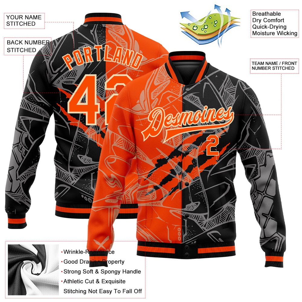 Custom Graffiti Pattern Orange Black Cream Scratch 3D Bomber Full Snap Baseball Jacket, Custom Team Jacket
