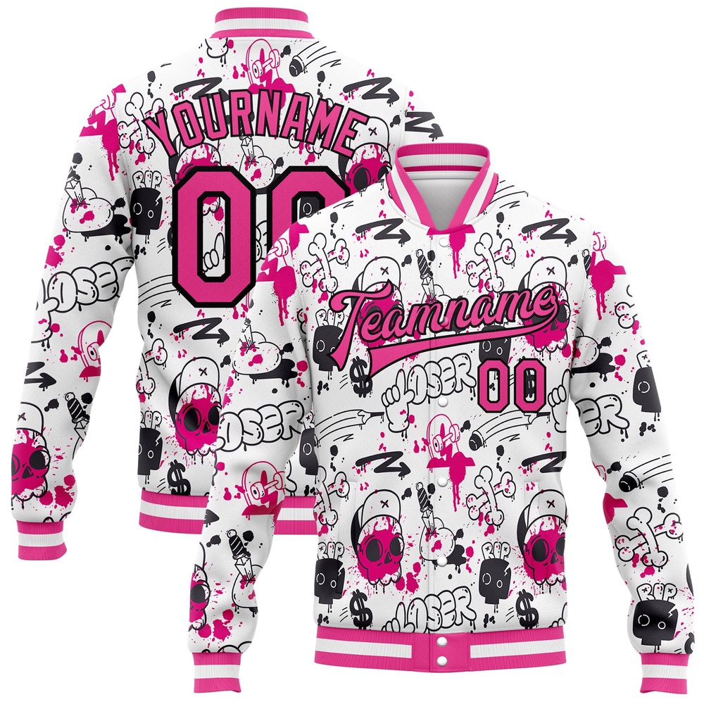 Custom Graffiti Pattern Pink Black Abstract Grunge Art 3D Bomber Full Snap Baseball Jacket, Custom Team Jacket