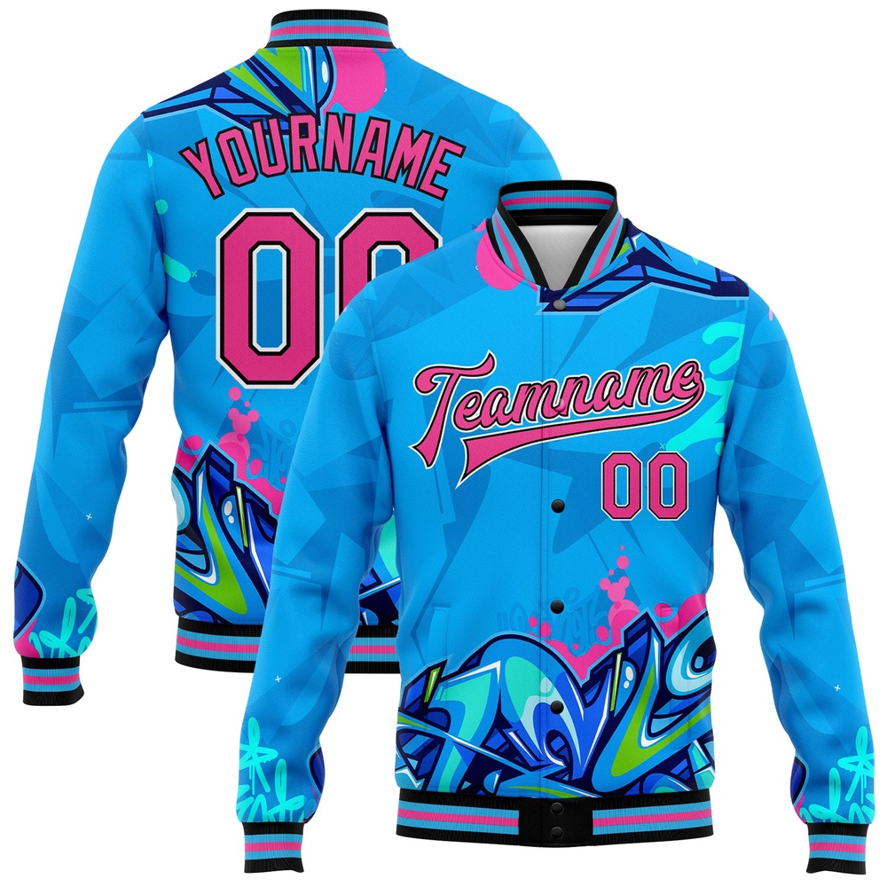 Custom Graffiti Pattern Pink Black Hiphop Abstract Urban Street Art 3D Bomber Full Snap Baseball Jacket, Custom Team Jacket Custom Graffiti Pattern Pink Black Hiphop Abstract Urban Street Art 3D Bomber Full Snap Baseball Jacket, Custom Team Jacket