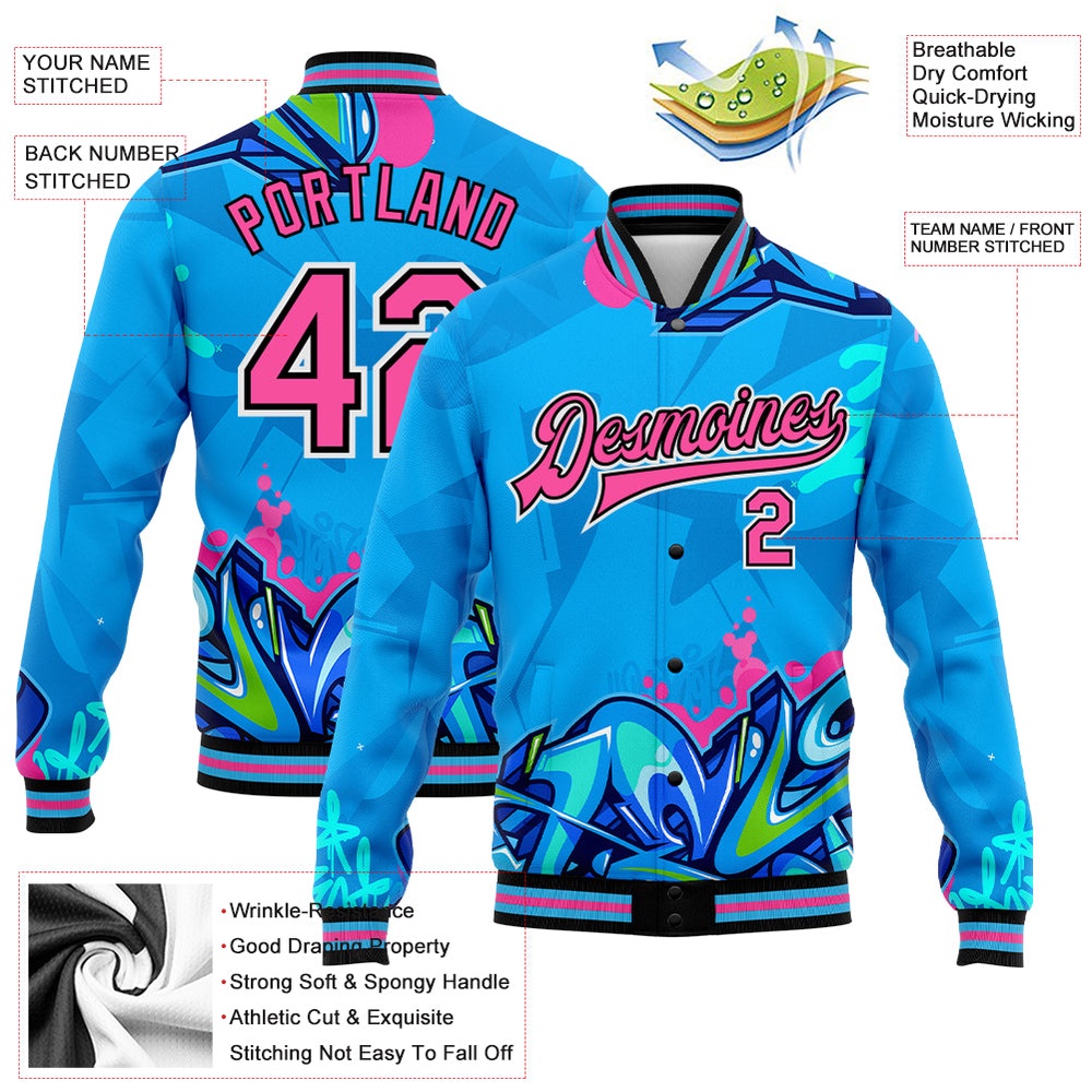 Custom Graffiti Pattern Pink Black Hiphop Abstract Urban Street Art 3D Bomber Full Snap Baseball Jacket, Custom Team Jacket Custom Graffiti Pattern Pink Black Hiphop Abstract Urban Street Art 3D Bomber Full Snap Baseball Jacket, Custom Team Jacket