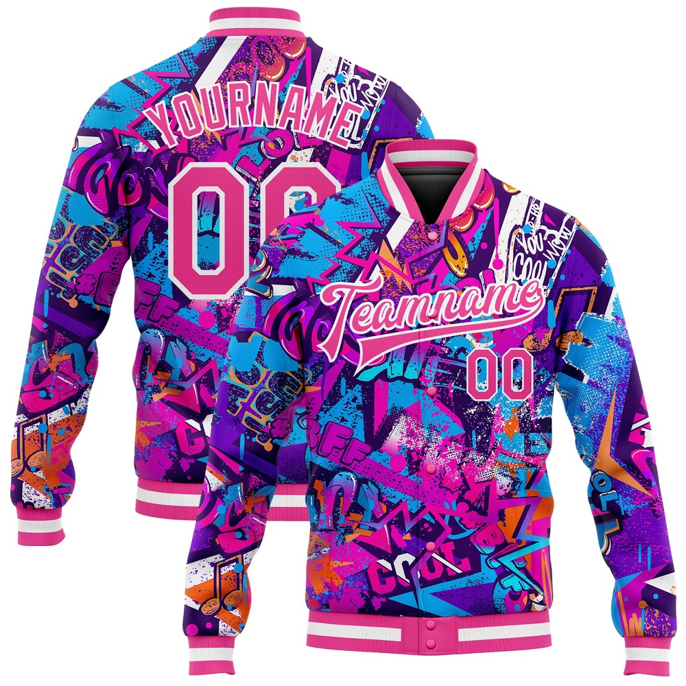 Custom Graffiti Pattern Pink White Words 3D Bomber Full Snap Baseball Jacket, Custom Team Jacket Custom Graffiti Pattern Pink White Words 3D Bomber Full Snap Baseball Jacket, Custom Team Jacket
