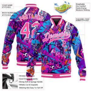 Custom Graffiti Pattern Pink White Words 3D Bomber Full Snap Baseball Jacket Custom Team Jacket 2 haaido.jpg