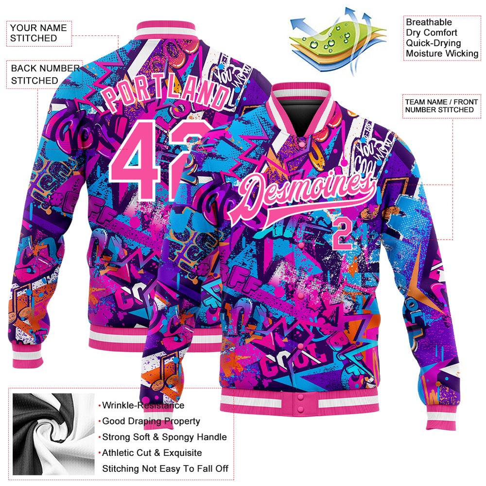Custom Graffiti Pattern Pink White Words 3D Bomber Full Snap Baseball Jacket, Custom Team Jacket Custom Graffiti Pattern Pink White Words 3D Bomber Full Snap Baseball Jacket, Custom Team Jacket