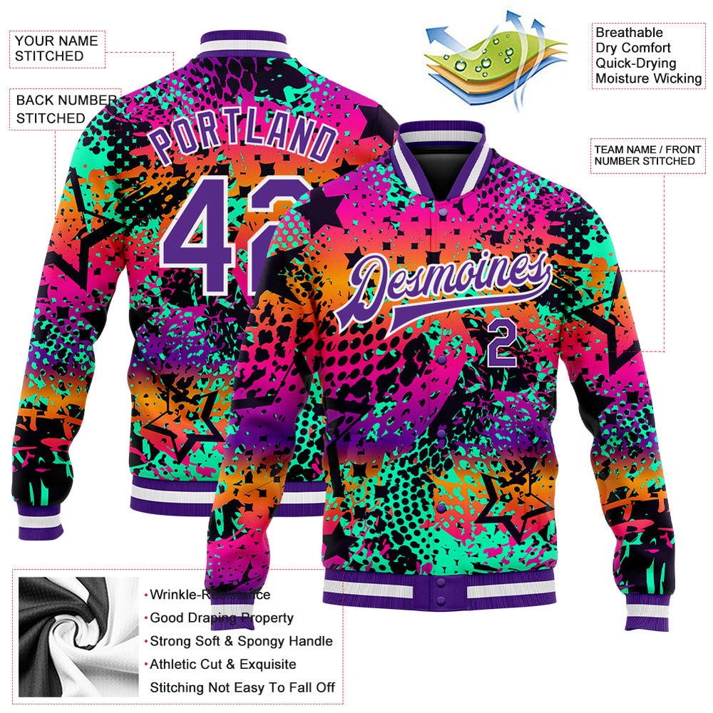 Custom Graffiti Pattern Purple White Scratch 3D Bomber Full Snap Baseball Jacket, Custom Team Jacket