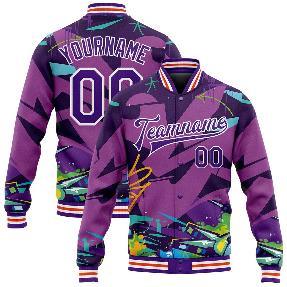 Custom Graffiti Pattern Purple White Trendy Abstract Urban Street Art 3D Bomber Full Snap Baseball Jacket, Custom Team Jacket Custom Graffiti Pattern Purple White Trendy Abstract Urban Street Art 3D Bomber Full Snap Baseball Jacket, Custom Team Jacket