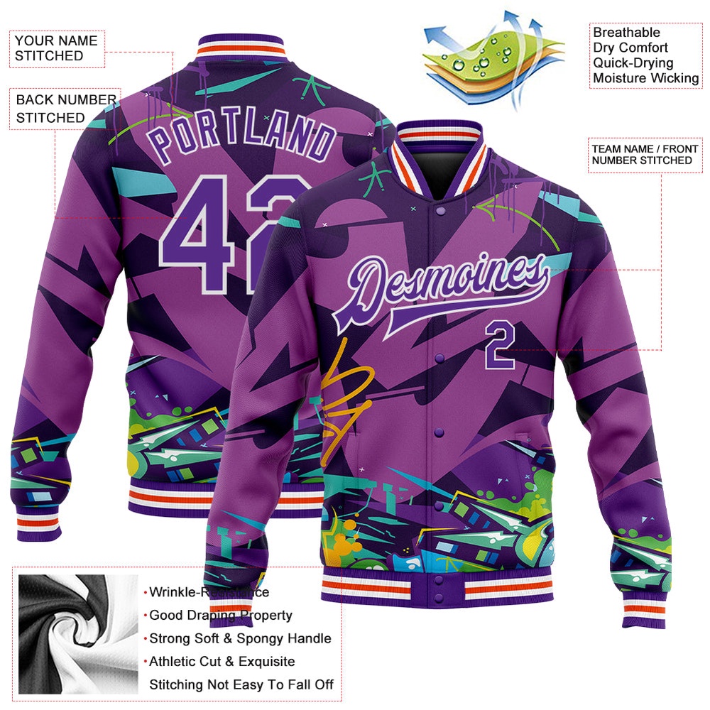 Custom Graffiti Pattern Purple White Trendy Abstract Urban Street Art 3D Bomber Full Snap Baseball Jacket, Custom Team Jacket Custom Graffiti Pattern Purple White Trendy Abstract Urban Street Art 3D Bomber Full Snap Baseball Jacket, Custom Team Jacket
