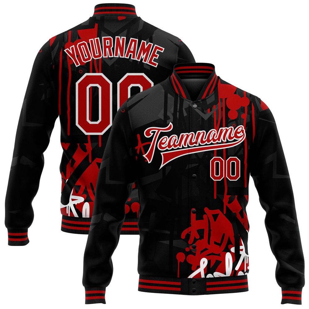 Custom Graffiti Pattern Red-Black Dark Abstract Urban Street Art 3D Bomber Full-Snap Baseball Jacket_9286, Custom Team Jacket Custom Graffiti Pattern Red-Black Dark Abstract Urban Street Art 3D Bomber Full-Snap Baseball Jacket_9286, Custom Team Jacket