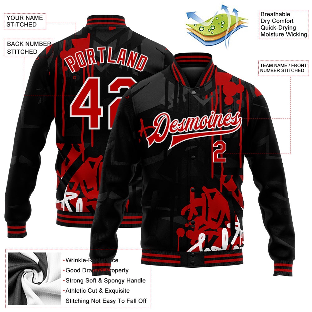 Custom Graffiti Pattern Red-Black Dark Abstract Urban Street Art 3D Bomber Full-Snap Baseball Jacket_9286, Custom Team Jacket Custom Graffiti Pattern Red-Black Dark Abstract Urban Street Art 3D Bomber Full-Snap Baseball Jacket_9286, Custom Team Jacket