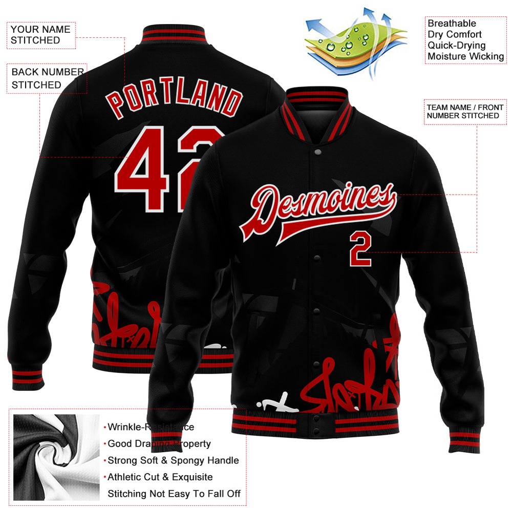 Custom Graffiti Pattern Red Black Dark Abstract Urban Street Art 3D Bomber Full Snap Baseball Jacket, Custom Team Jacket Custom Graffiti Pattern Red Black Dark Abstract Urban Street Art 3D Bomber Full Snap Baseball Jacket, Custom Team Jacket