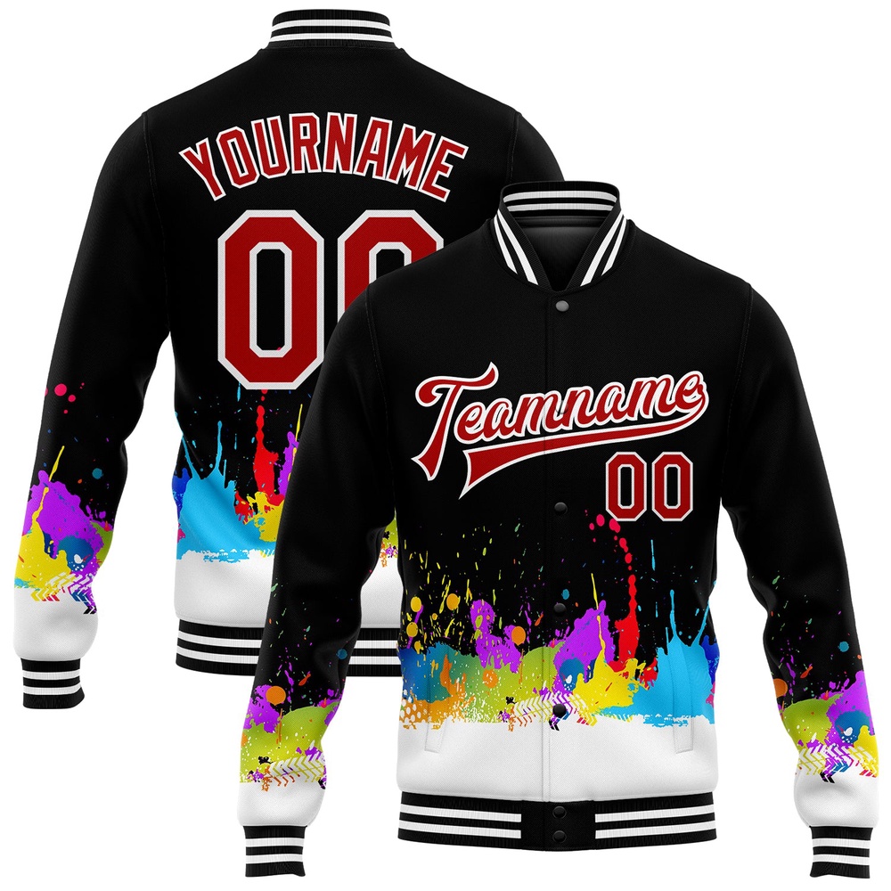 Custom Graffiti Pattern Red White Splashes 3D Bomber Full Snap Baseball Jacket, Custom Team Jacket