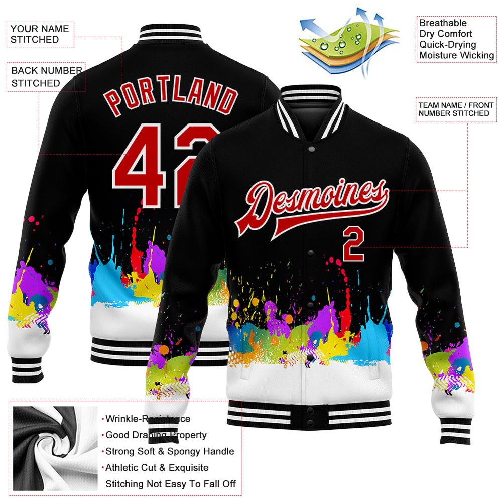 Custom Graffiti Pattern Red White Splashes 3D Bomber Full Snap Baseball Jacket, Custom Team Jacket