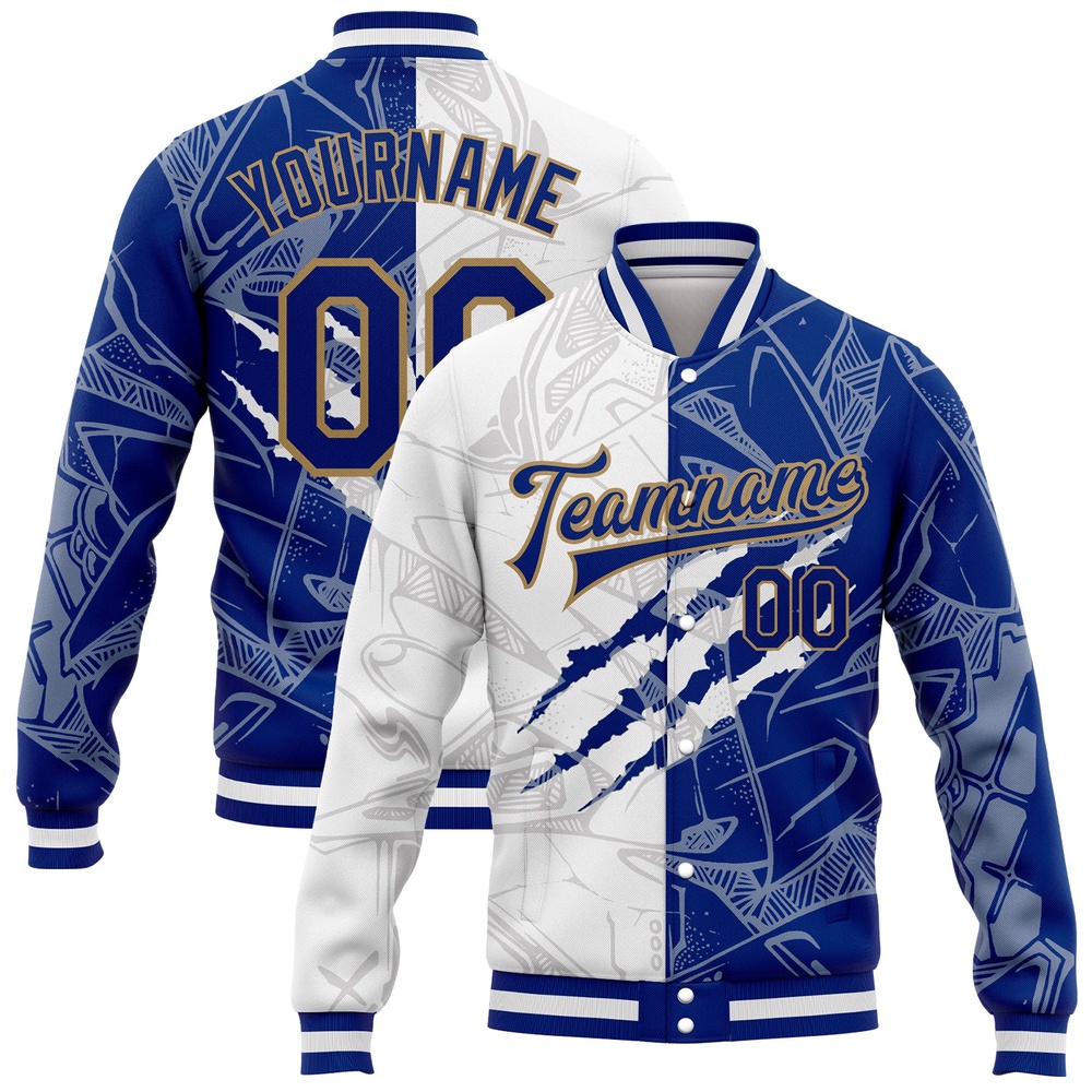Custom Graffiti Pattern Royal Old Gold Scratch 3D Bomber Full Snap Baseball Jacket, Custom Team Jacket