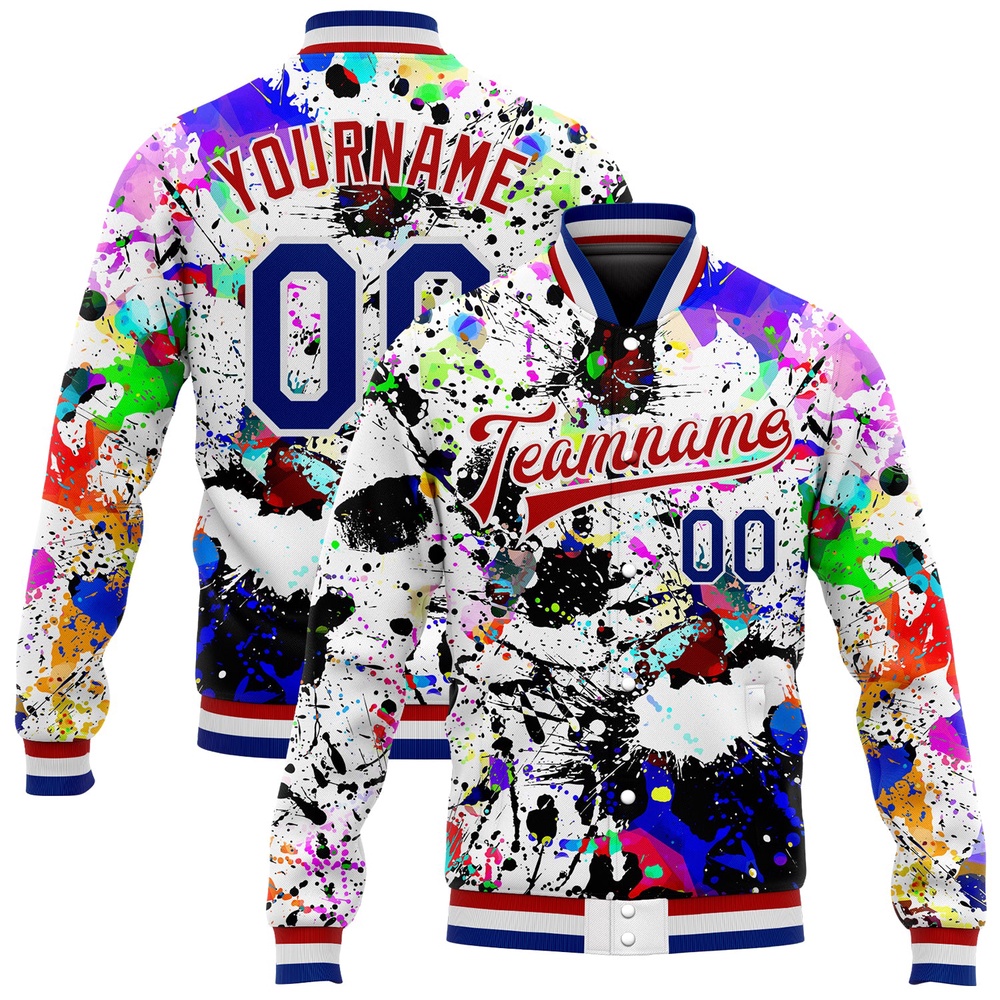 Custom Graffiti Pattern Royal Red Splashes 3D Bomber Full Snap Baseball Jacket, Custom Team Jacket