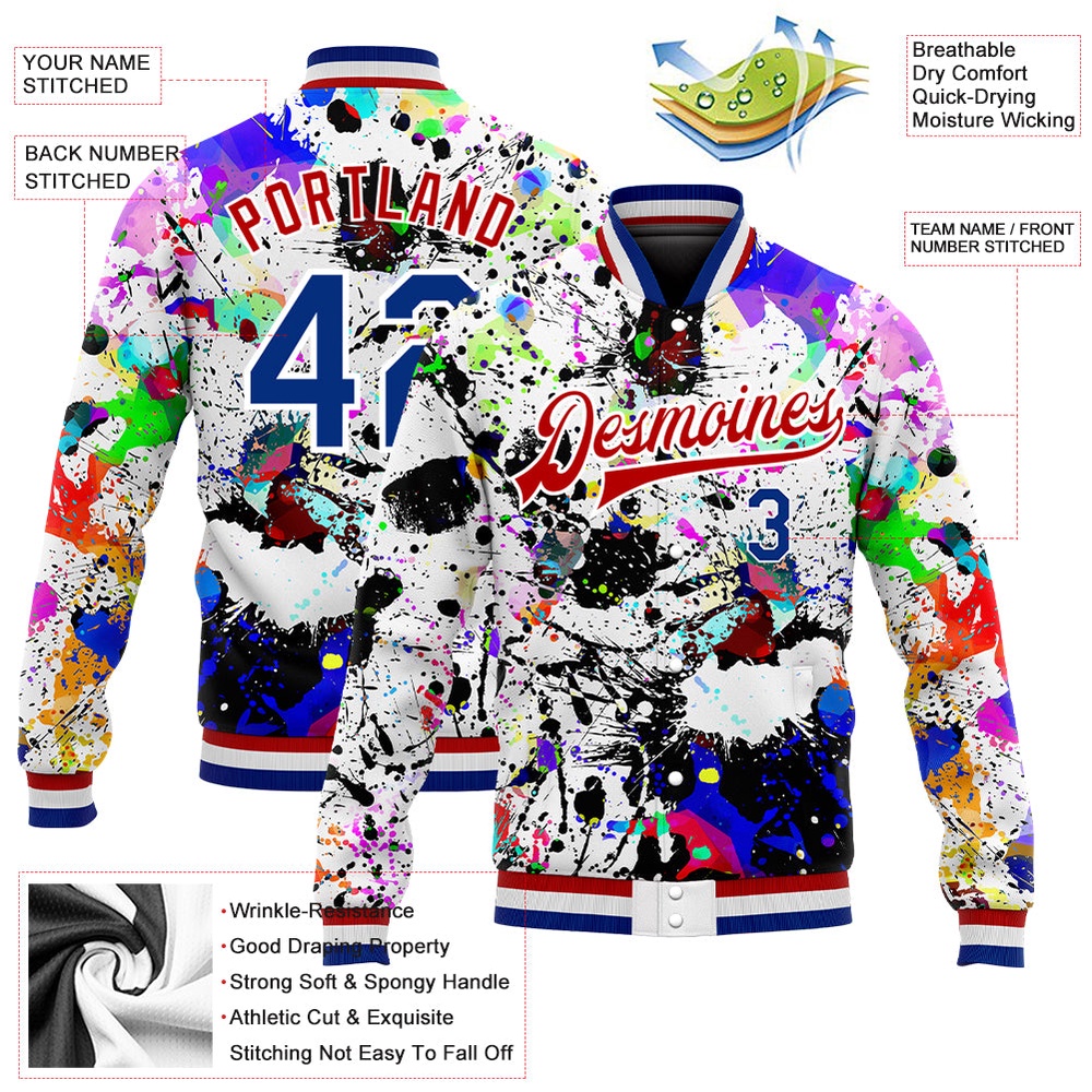 Custom Graffiti Pattern Royal Red Splashes 3D Bomber Full Snap Baseball Jacket, Custom Team Jacket