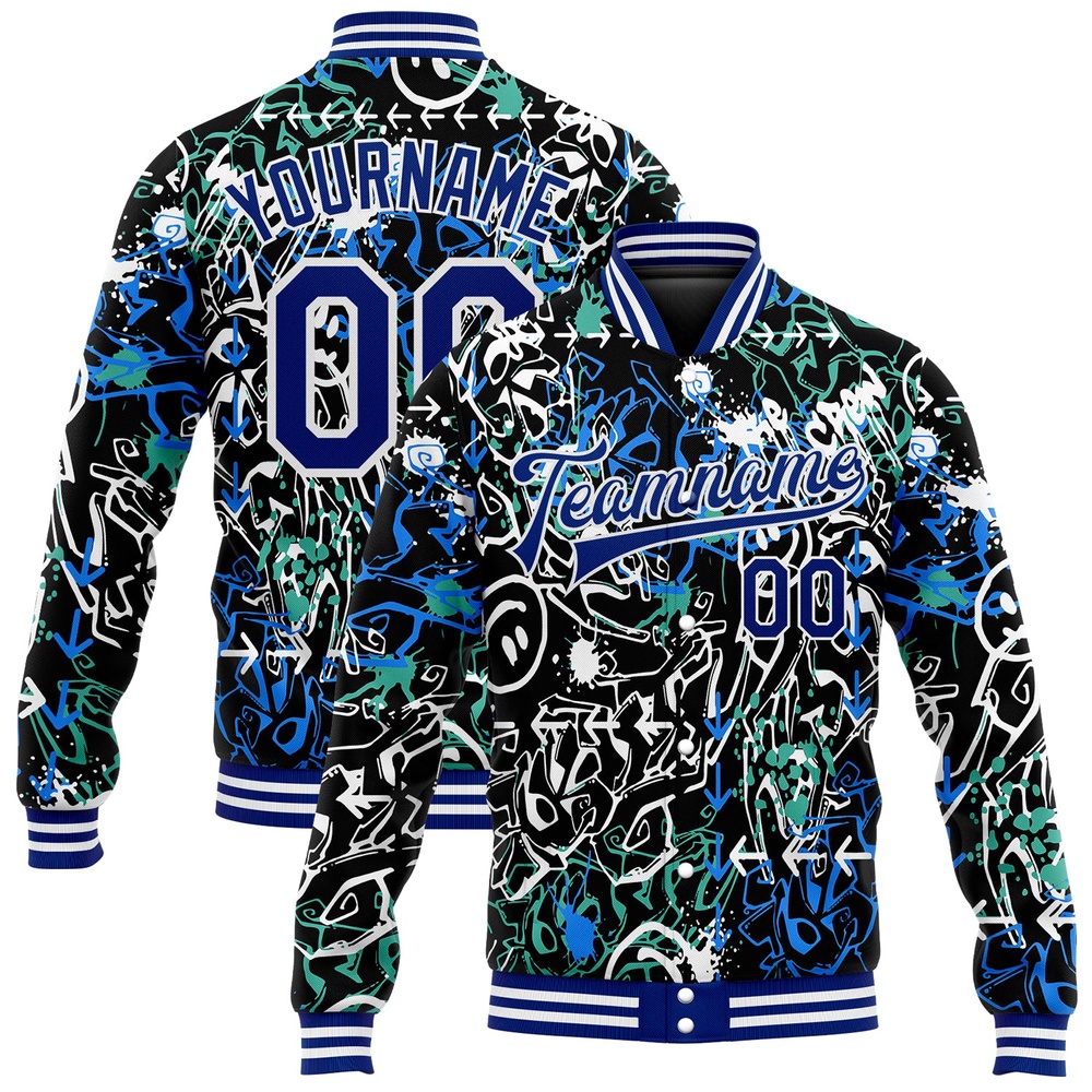 Custom Graffiti Pattern Royal White Abstract Grunge Art 3D Bomber Full Snap Baseball Jacket, Custom Team Jacket