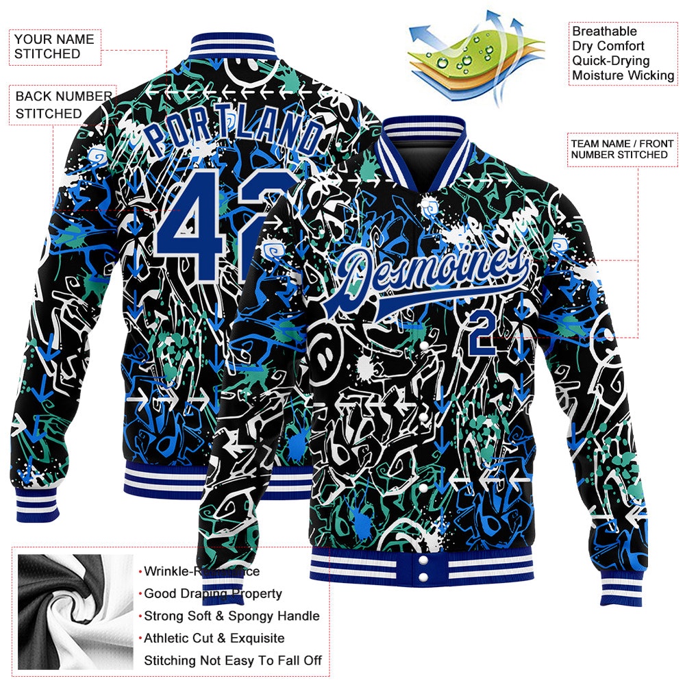 Custom Graffiti Pattern Royal White Abstract Grunge Art 3D Bomber Full Snap Baseball Jacket, Custom Team Jacket