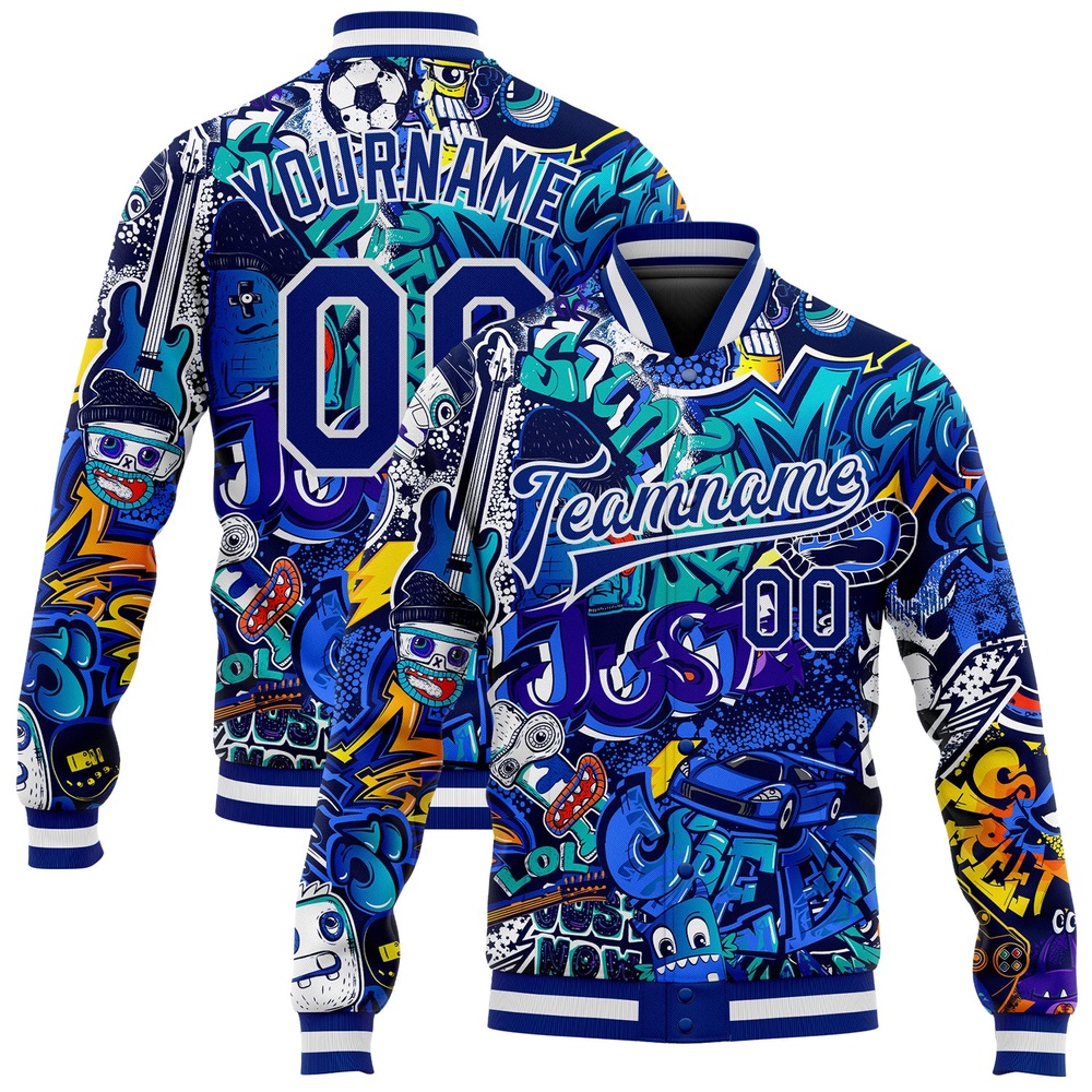 Custom Graffiti Pattern Royal White Abstract Urban Street Art 3D Bomber Full Snap Baseball Jacket, Custom Team Jacket Custom Graffiti Pattern Royal White Abstract Urban Street Art 3D Bomber Full Snap Baseball Jacket, Custom Team Jacket