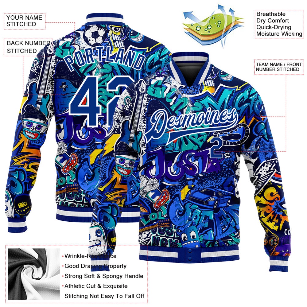 Custom Graffiti Pattern Royal White Abstract Urban Street Art 3D Bomber Full Snap Baseball Jacket, Custom Team Jacket Custom Graffiti Pattern Royal White Abstract Urban Street Art 3D Bomber Full Snap Baseball Jacket, Custom Team Jacket