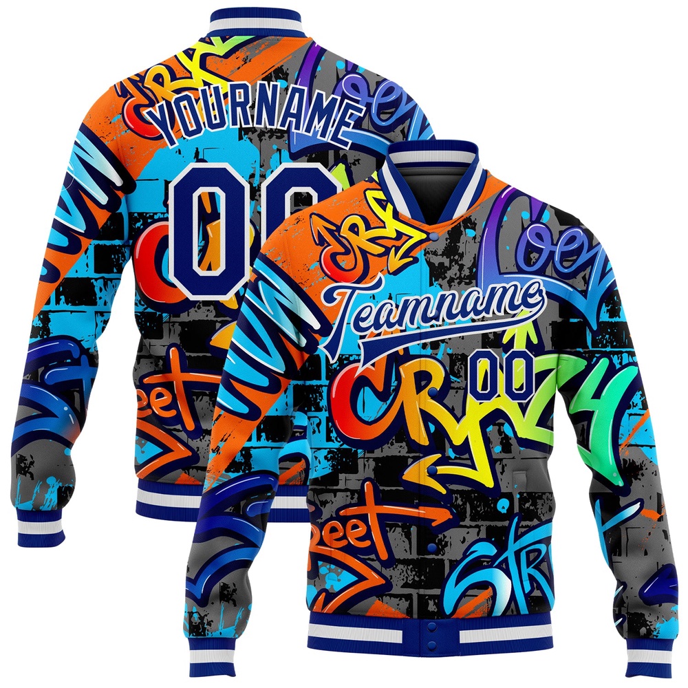 Custom Graffiti Pattern Royal White Geometric 3D Bomber Full Snap Baseball Jacket, Custom Team Jacket