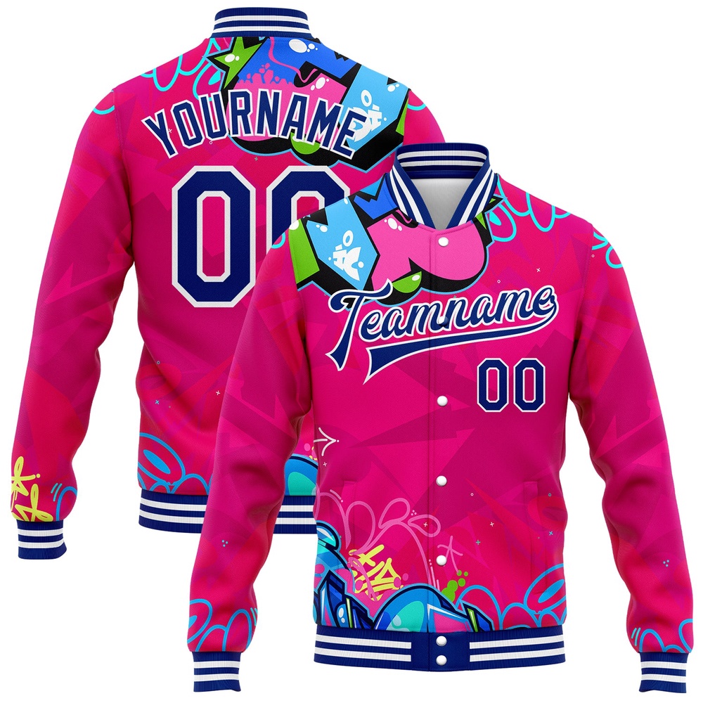 Custom Graffiti Pattern Royal White Hiphop Abstract Urban Street Art 3D Bomber Full Snap Baseball Jacket, Custom Team Jacket Custom Graffiti Pattern Royal White Hiphop Abstract Urban Street Art 3D Bomber Full Snap Baseball Jacket, Custom Team Jacket