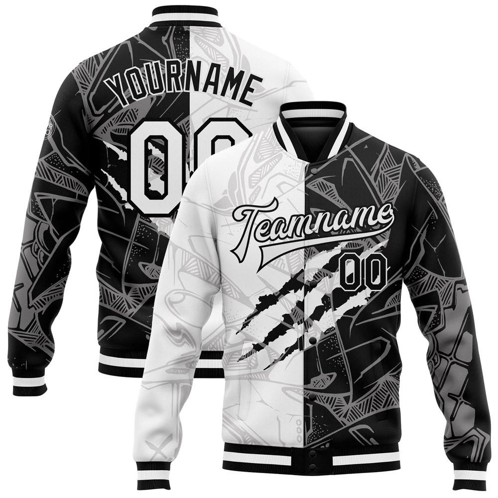 Custom Graffiti Pattern White Black Scratch 3D Bomber Full Snap Baseball Jacket, Custom Team Jacket
