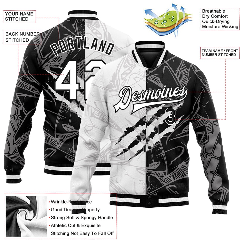 Custom Graffiti Pattern White Black Scratch 3D Bomber Full Snap Baseball Jacket, Custom Team Jacket