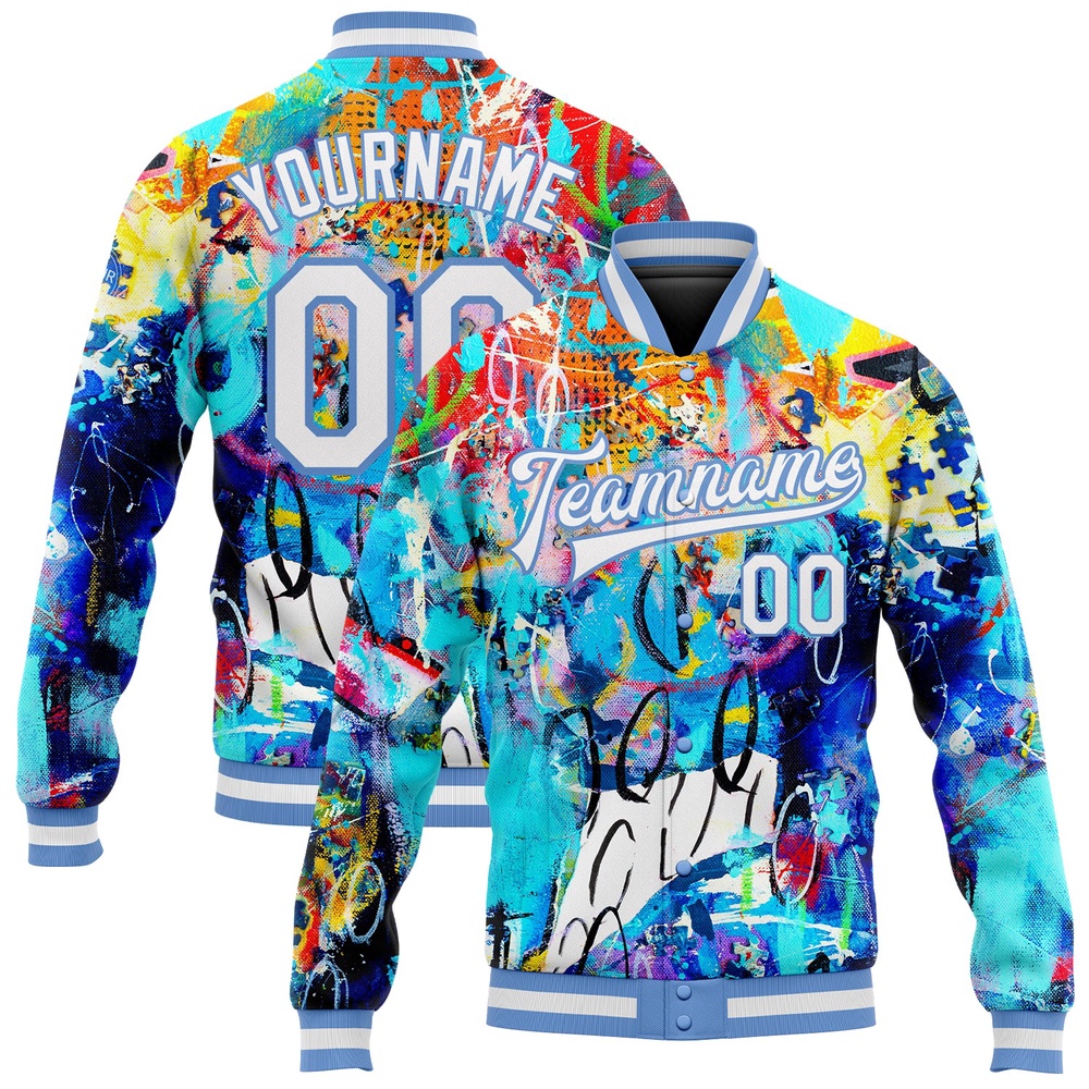 Custom Graffiti Pattern White Light Blue Abstract 3D Bomber Full Snap Baseball Jacket, Custom Team Jacket