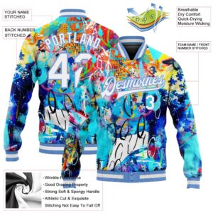 Custom Graffiti Pattern White Light Blue Abstract 3D Bomber Full Snap Baseball Jacket Custom Team Jacket 2 eyln5q.jpg