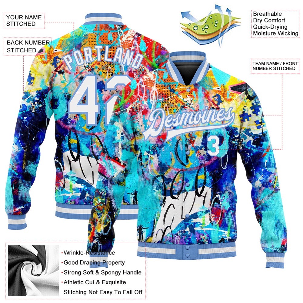 Custom Graffiti Pattern White Light Blue Abstract 3D Bomber Full Snap Baseball Jacket, Custom Team Jacket