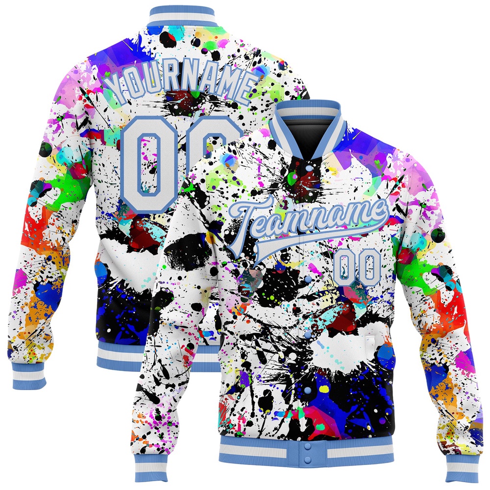Custom Graffiti Pattern White Light Blue Splashes 3D Bomber Full Snap Baseball Jacket, Custom Team Jacket