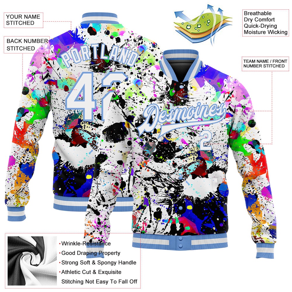 Custom Graffiti Pattern White Light Blue Splashes 3D Bomber Full Snap Baseball Jacket, Custom Team Jacket
