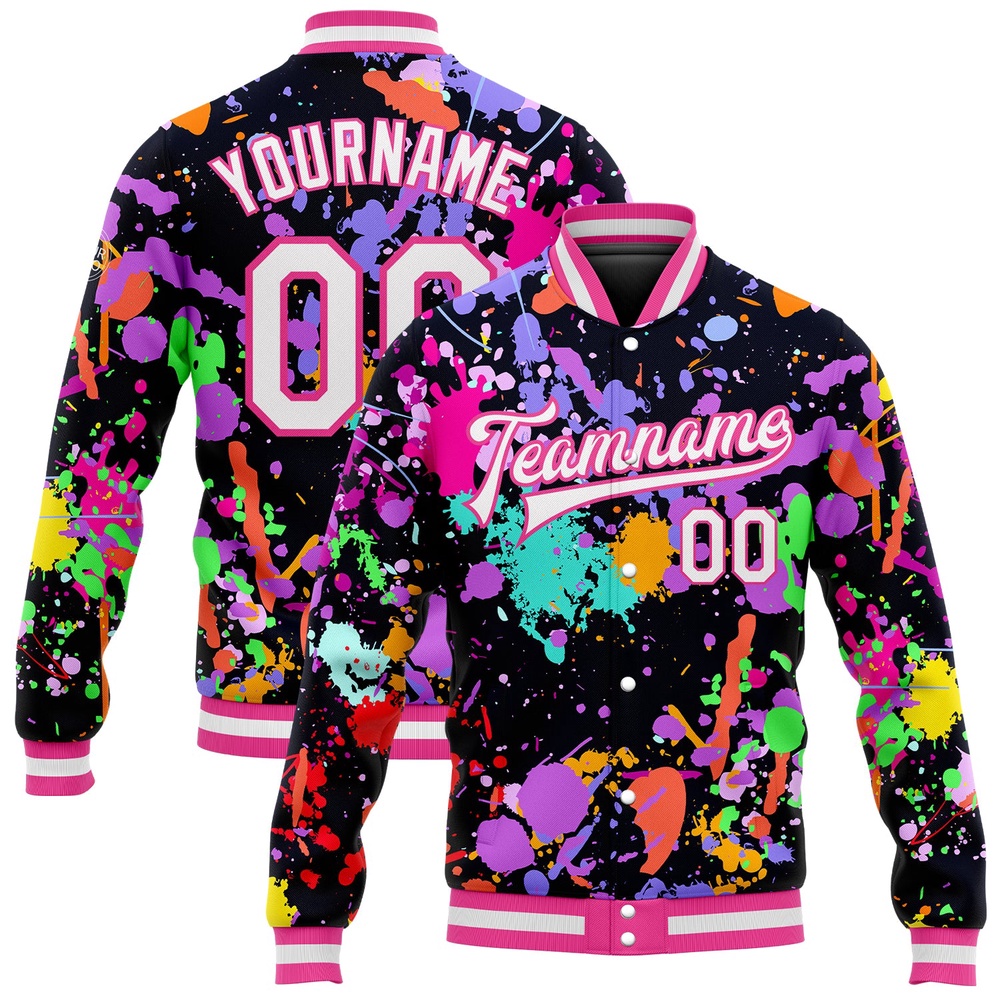 Custom Graffiti Pattern White Pink Splashes 3D Bomber Full Snap Baseball Jacket, Custom Team Jacket