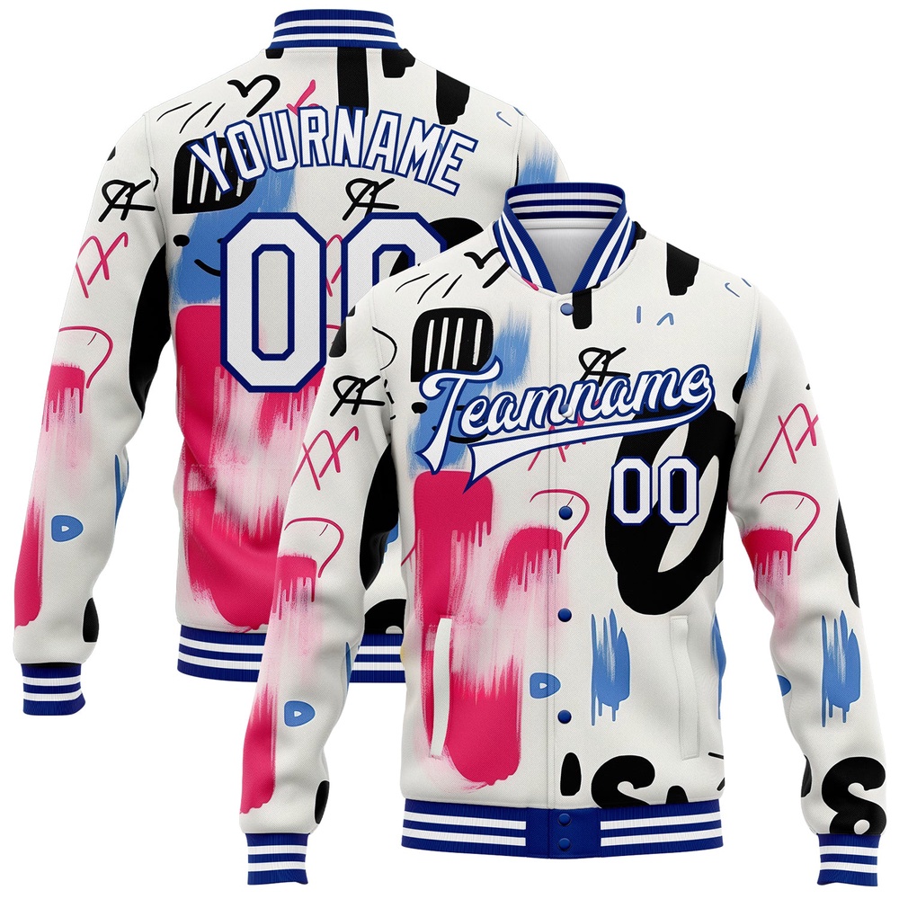 Custom Graffiti Pattern White Royal Grunge Art 3D Bomber Full Snap Baseball Jacket, Custom Team Jacket