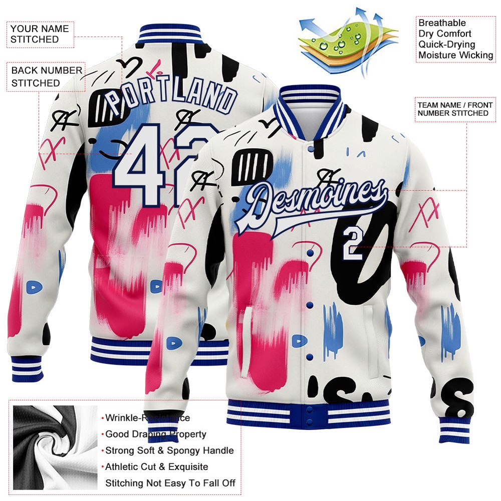 Custom Graffiti Pattern White Royal Grunge Art 3D Bomber Full Snap Baseball Jacket, Custom Team Jacket