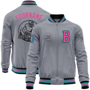 Custom Gray Aqua Black Pink Bomber Varsity…