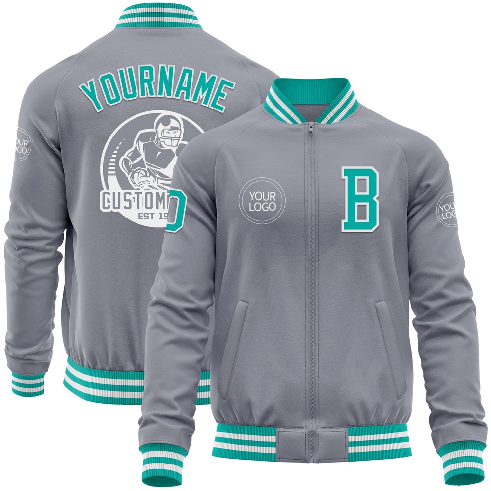 Custom Gray Aqua White Bomber Varsity Baseball Jacket, Custom Team Jacket Custom Gray Aqua White Bomber Varsity Baseball Jacket, Custom Team Jacket