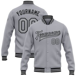 Custom Gray Black Bomber Full Snap Baseball…